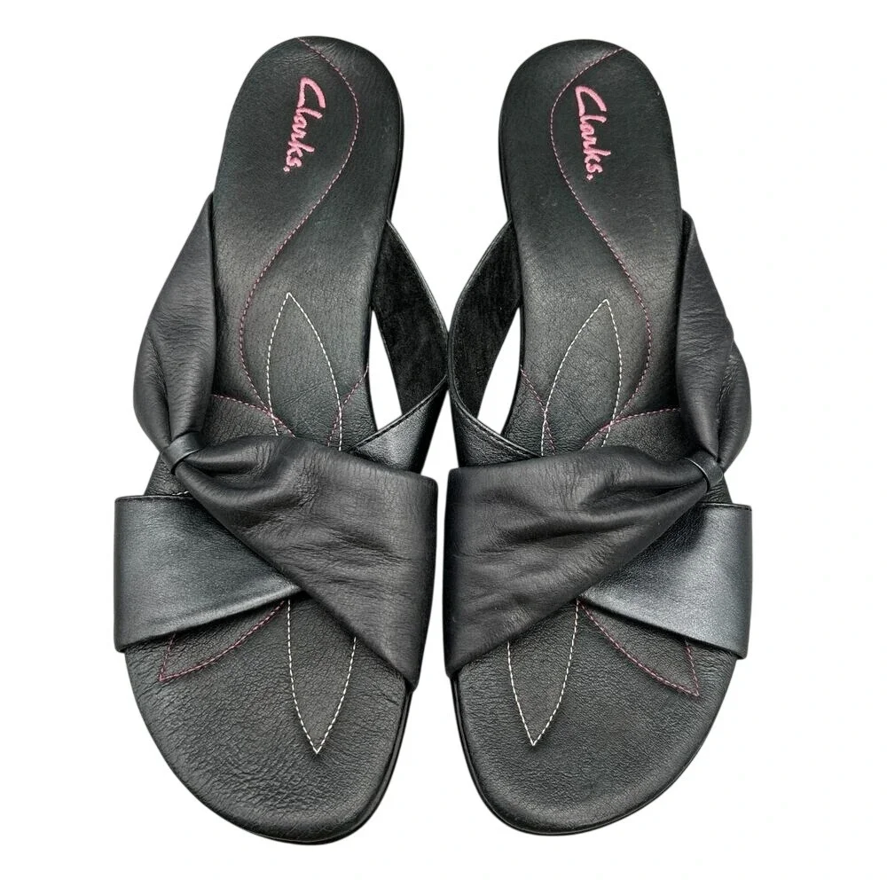 Clarks Leather Twist Knot Slide Wedge Sandals Black Comfort‎ Shoes 9M Womens